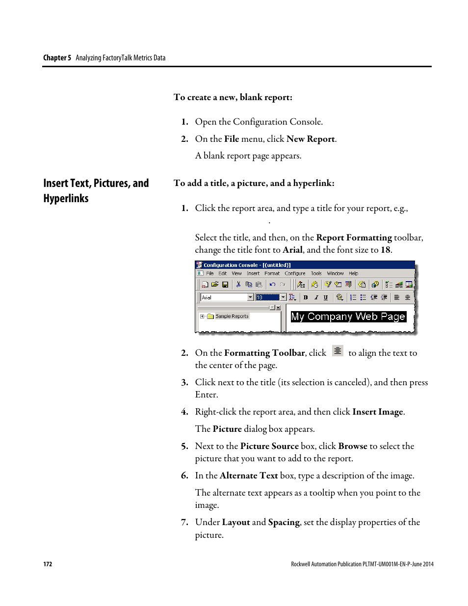 Insert text, pictures, and hyperlinks | Rockwell Automation FactoryTalk Metrics User Guide User Manual | Page 172 / 272