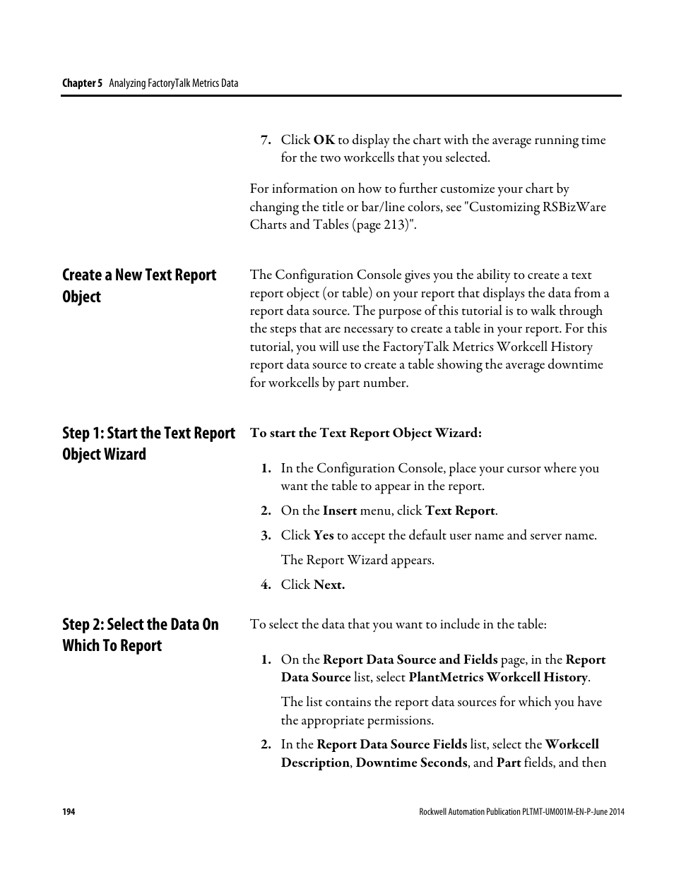 Create a new text report object, Step 1: start the text report object wizard, Step 2: select the data on which to report | Rockwell Automation FactoryTalk Metrics User Guide User Manual | Page 194 / 272