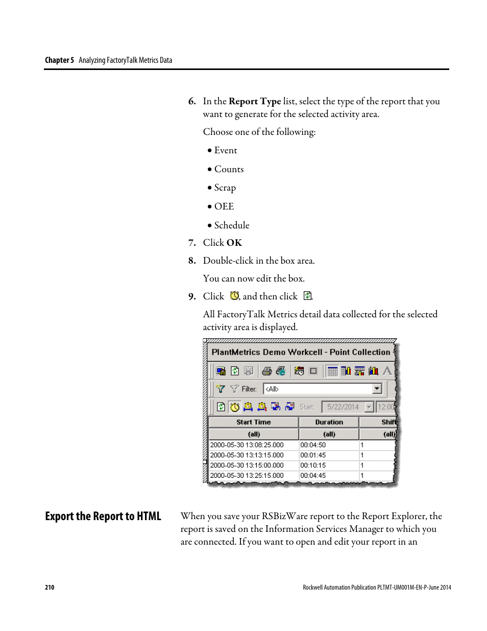 Export the report to html | Rockwell Automation FactoryTalk Metrics User Guide User Manual | Page 210 / 272