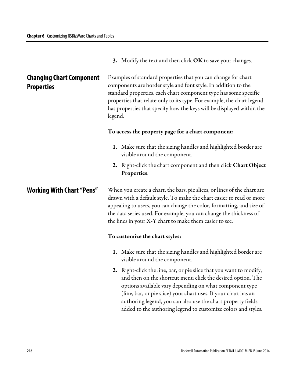 Changing chart component properties, Working with chart “pens | Rockwell Automation FactoryTalk Metrics User Guide User Manual | Page 216 / 272