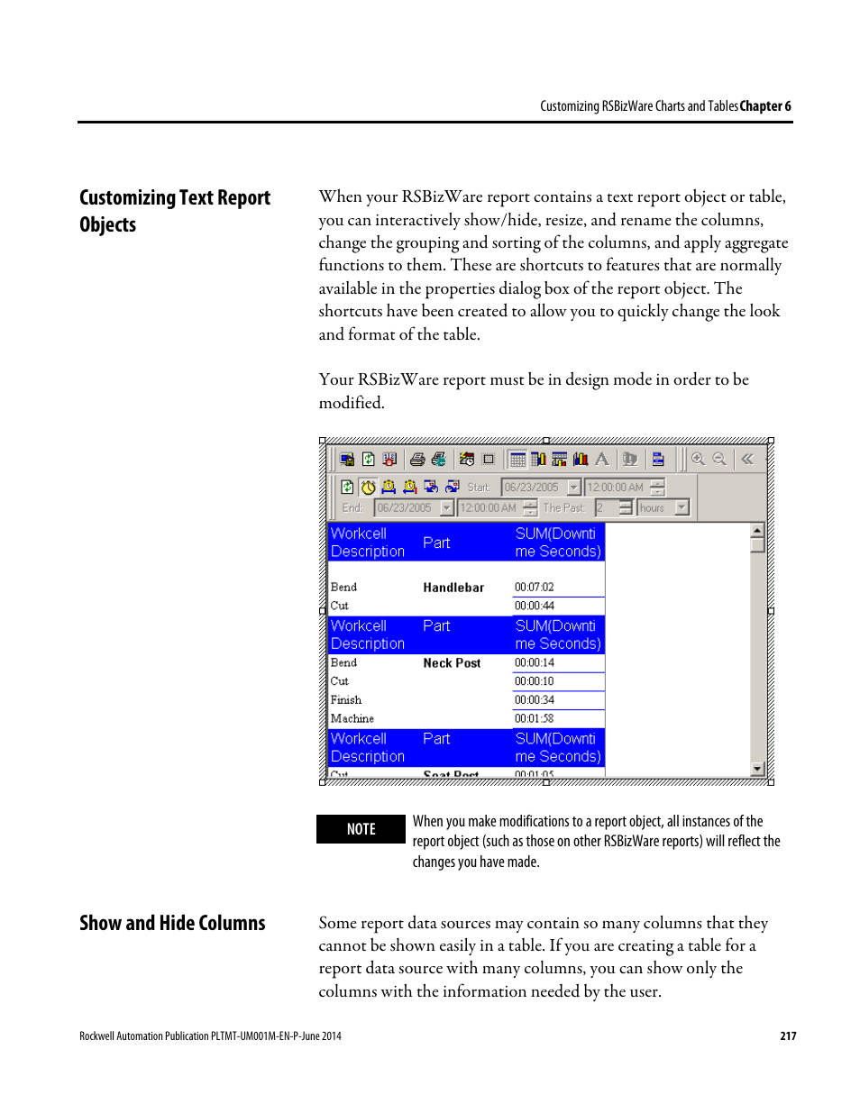 Customizing text report objects, Show and hide columns | Rockwell Automation FactoryTalk Metrics User Guide User Manual | Page 217 / 272