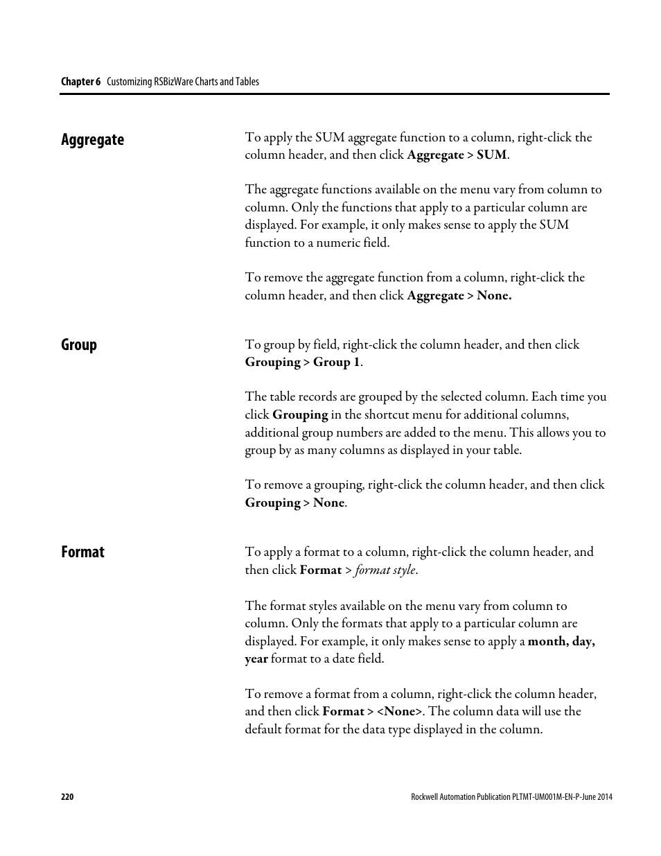 Aggregate, Group, Format | Aggregate group format | Rockwell Automation FactoryTalk Metrics User Guide User Manual | Page 220 / 272