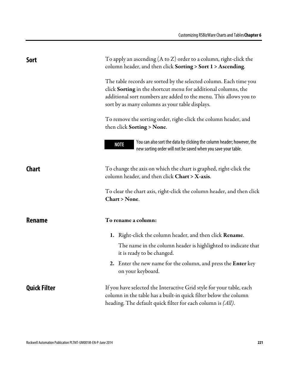 Sort, Chart, Rename | Quick filter, Sort chart rename quick filter | Rockwell Automation FactoryTalk Metrics User Guide User Manual | Page 221 / 272