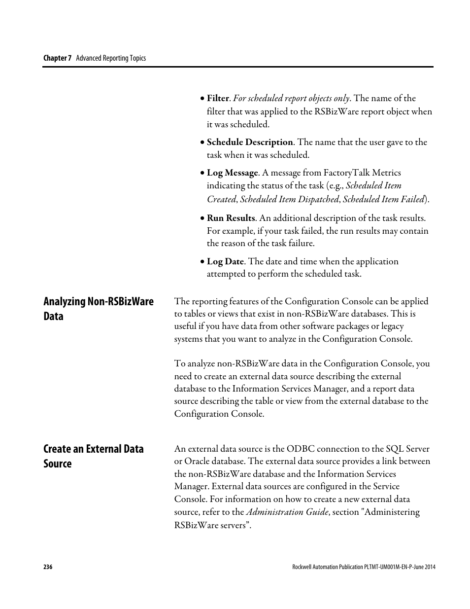 Analyzing non-rsbizware data, Create an external data source | Rockwell Automation FactoryTalk Metrics User Guide User Manual | Page 236 / 272