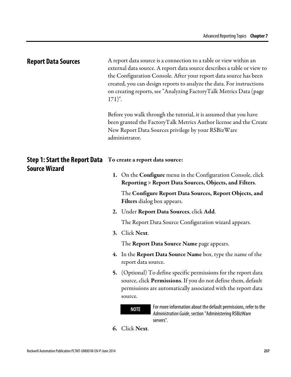 Report data sources, Step 1: start the report data source wizard | Rockwell Automation FactoryTalk Metrics User Guide User Manual | Page 237 / 272