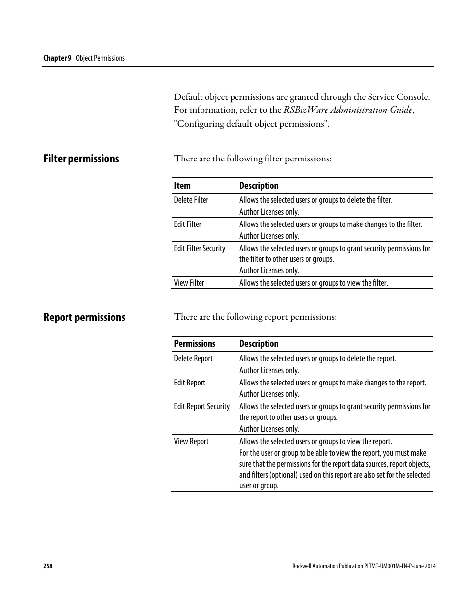 Filter permissions, Report permissions, Filter permissions report permissions | Rockwell Automation FactoryTalk Metrics User Guide User Manual | Page 258 / 272