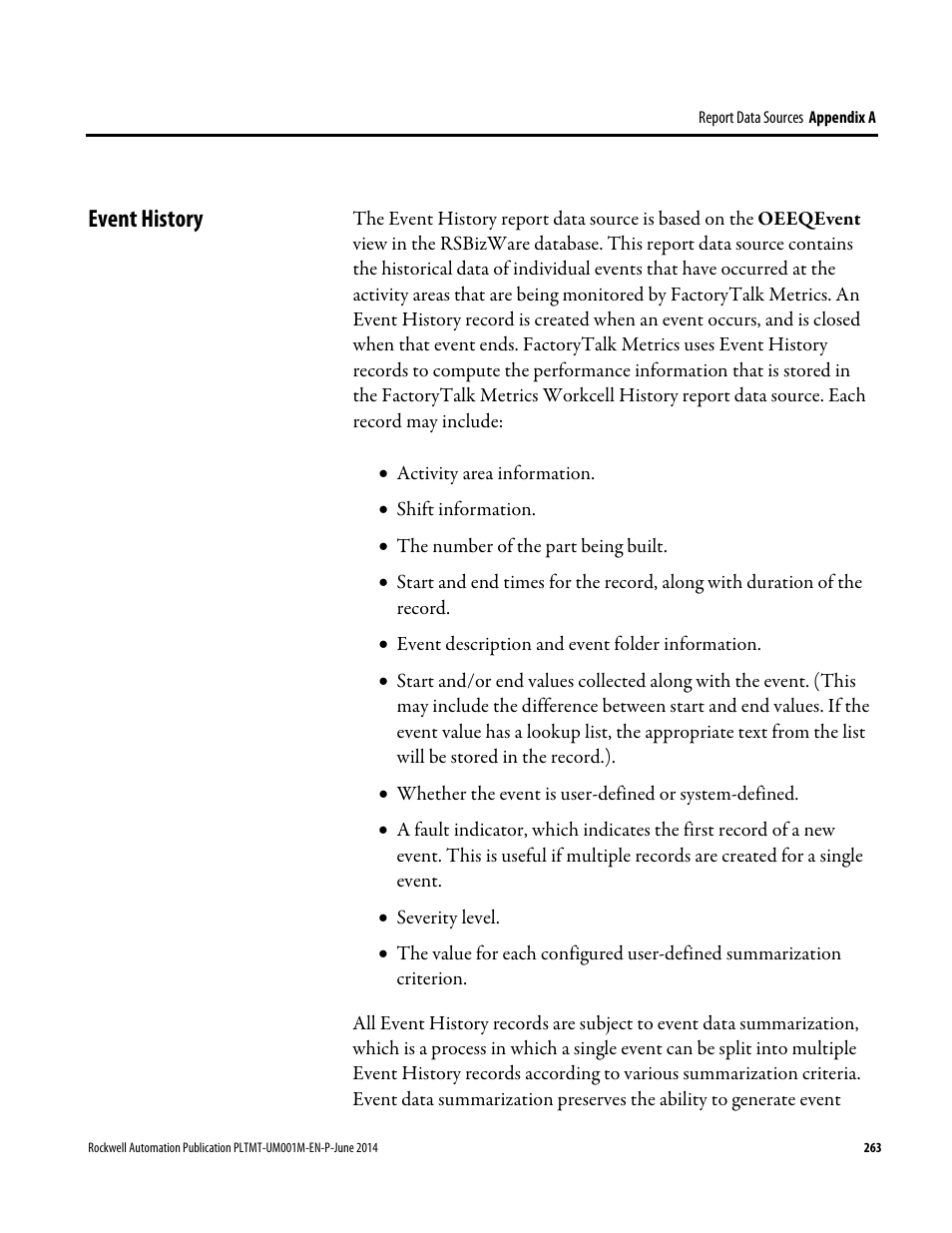 Event history | Rockwell Automation FactoryTalk Metrics User Guide User Manual | Page 263 / 272