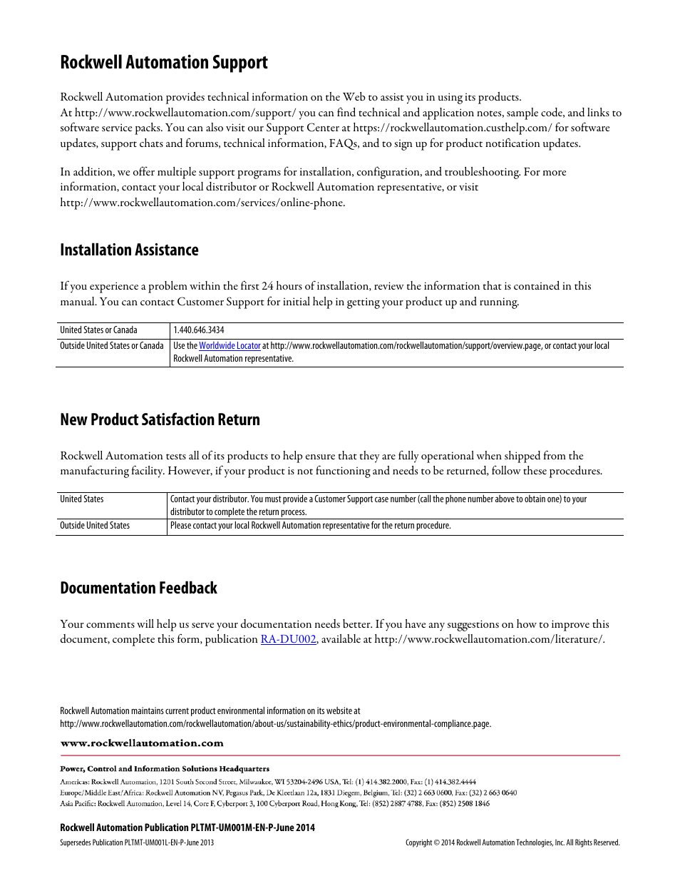 Rockwell automation support, Installation assistance, New product satisfaction return | Documentation feedback | Rockwell Automation FactoryTalk Metrics User Guide User Manual | Page 272 / 272