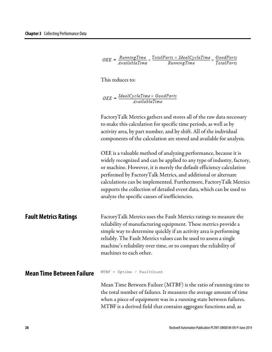 Fault metrics ratings, Mean time between failure, Fault metrics ratings mean time between failure | Rockwell Automation FactoryTalk Metrics User Guide User Manual | Page 28 / 272