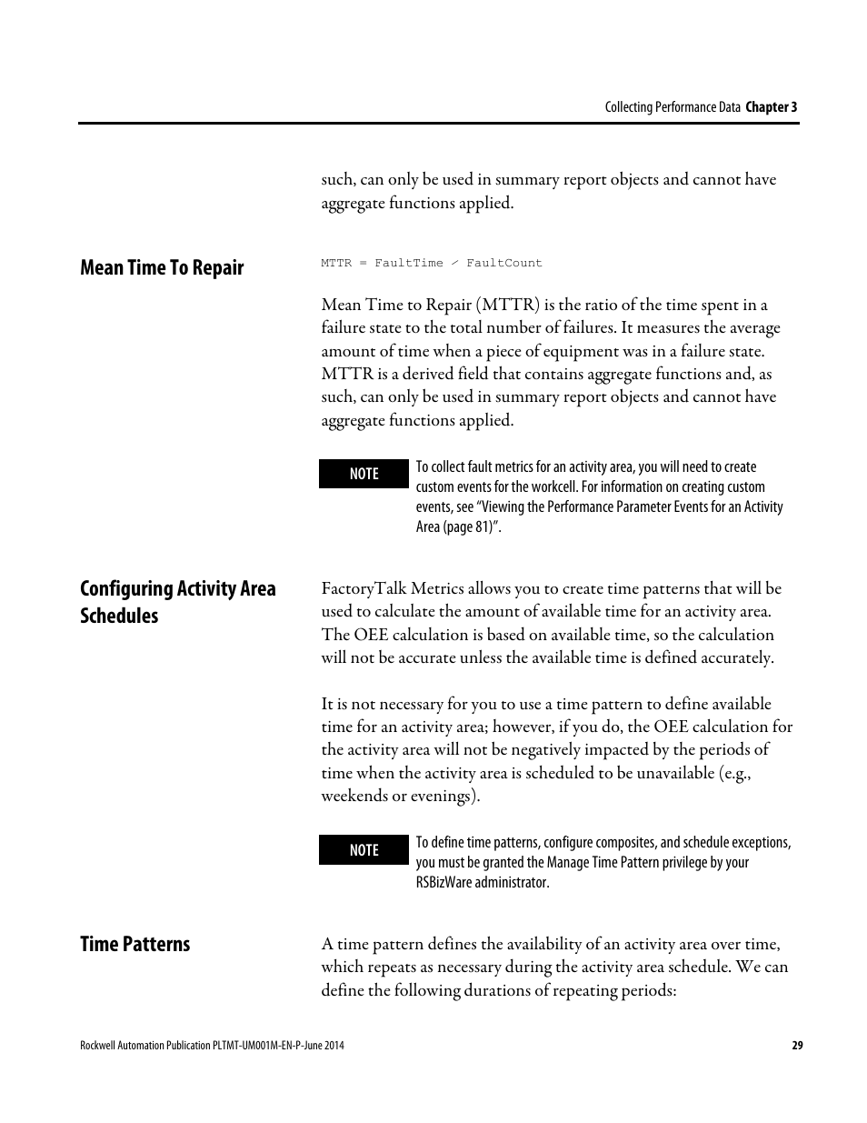 Mean time to repair, Configuring activity area schedules, Time patterns | Rockwell Automation FactoryTalk Metrics User Guide User Manual | Page 29 / 272