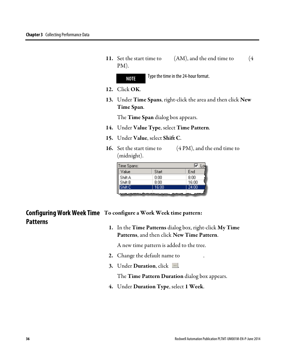 Configuring work week time patterns | Rockwell Automation FactoryTalk Metrics User Guide User Manual | Page 36 / 272