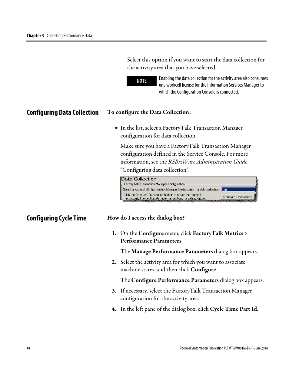 Configuring data collection, Configuring cycle time, Configuring data collection configuring cycle time | Rockwell Automation FactoryTalk Metrics User Guide User Manual | Page 44 / 272