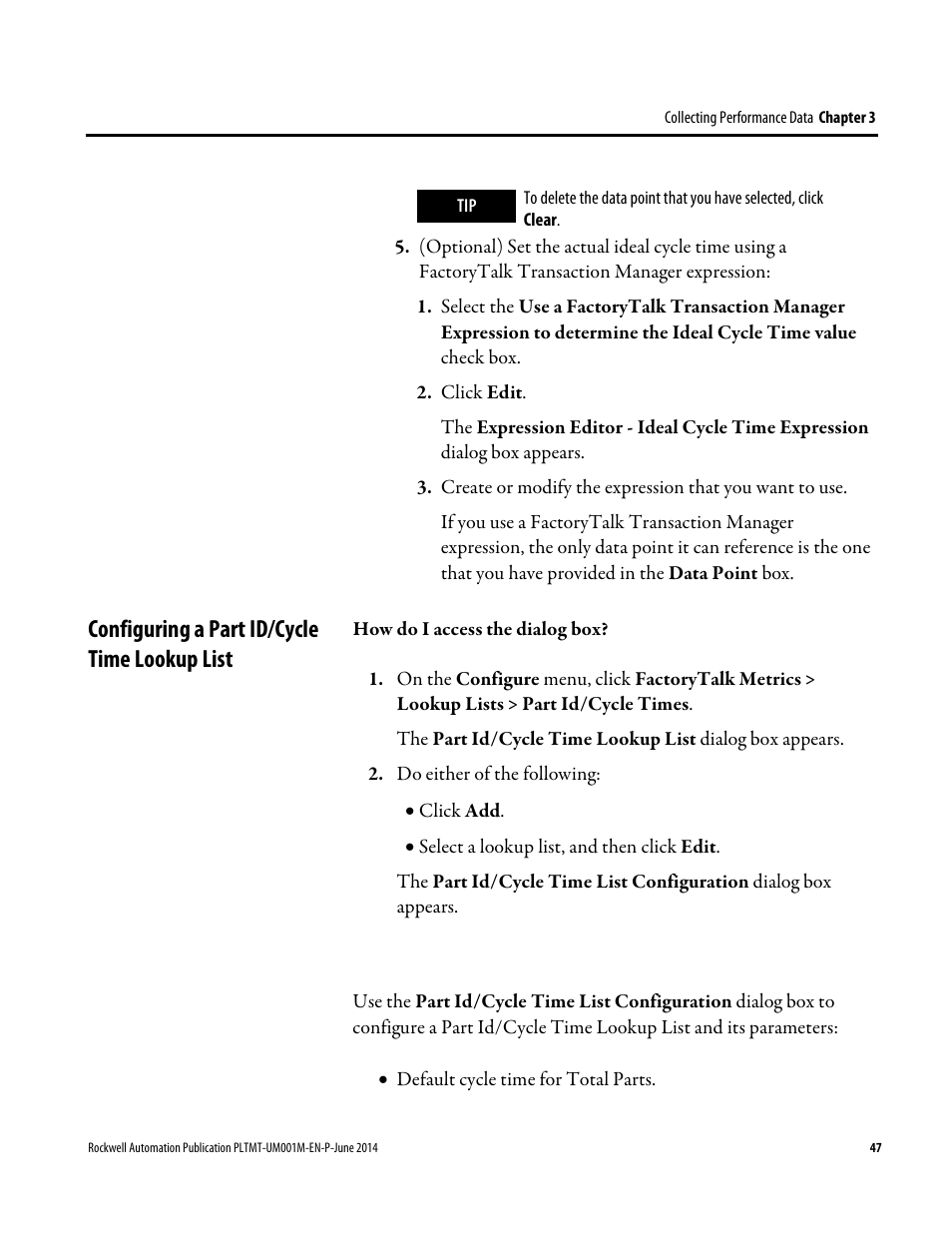 Configuring a part id/cycle time lookup list | Rockwell Automation FactoryTalk Metrics User Guide User Manual | Page 47 / 272