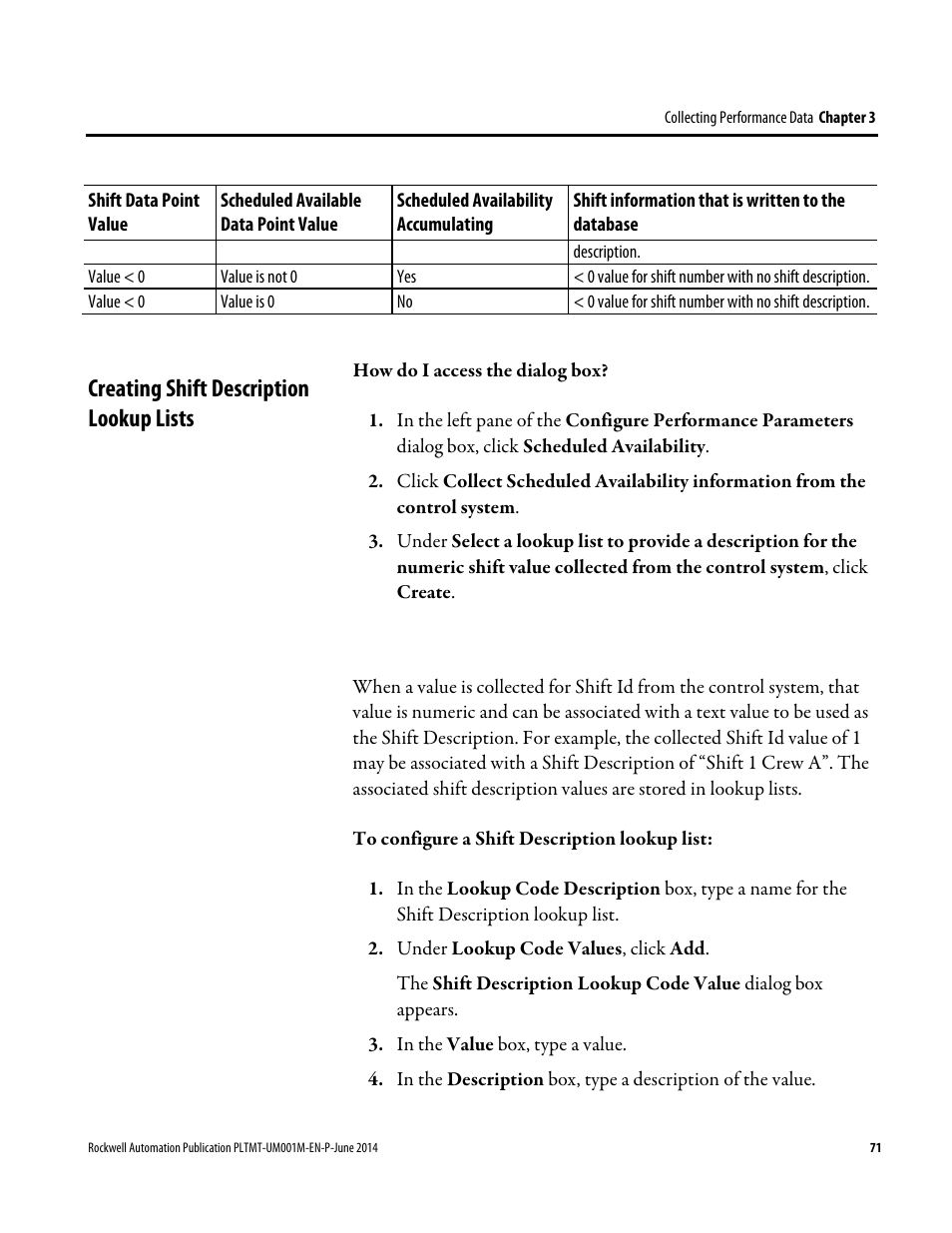 Creating shift description lookup lists | Rockwell Automation FactoryTalk Metrics User Guide User Manual | Page 71 / 272