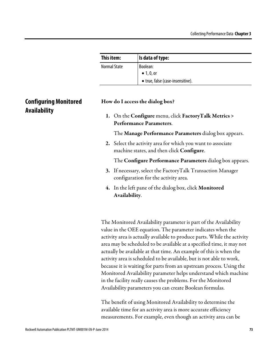 Configuring monitored availability | Rockwell Automation FactoryTalk Metrics User Guide User Manual | Page 73 / 272