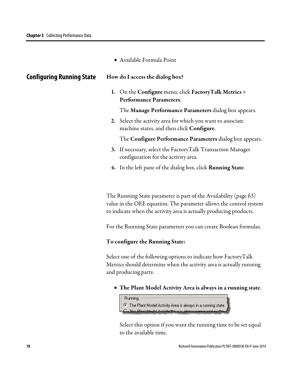 Configuring running state | Rockwell Automation FactoryTalk Metrics User Guide User Manual | Page 78 / 272