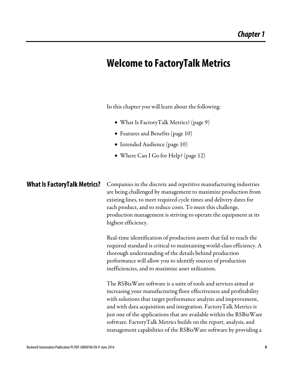 Welcome to factorytalk metrics, What is factorytalk metrics, Chapter 1 | Rockwell Automation FactoryTalk Metrics User Guide User Manual | Page 9 / 272