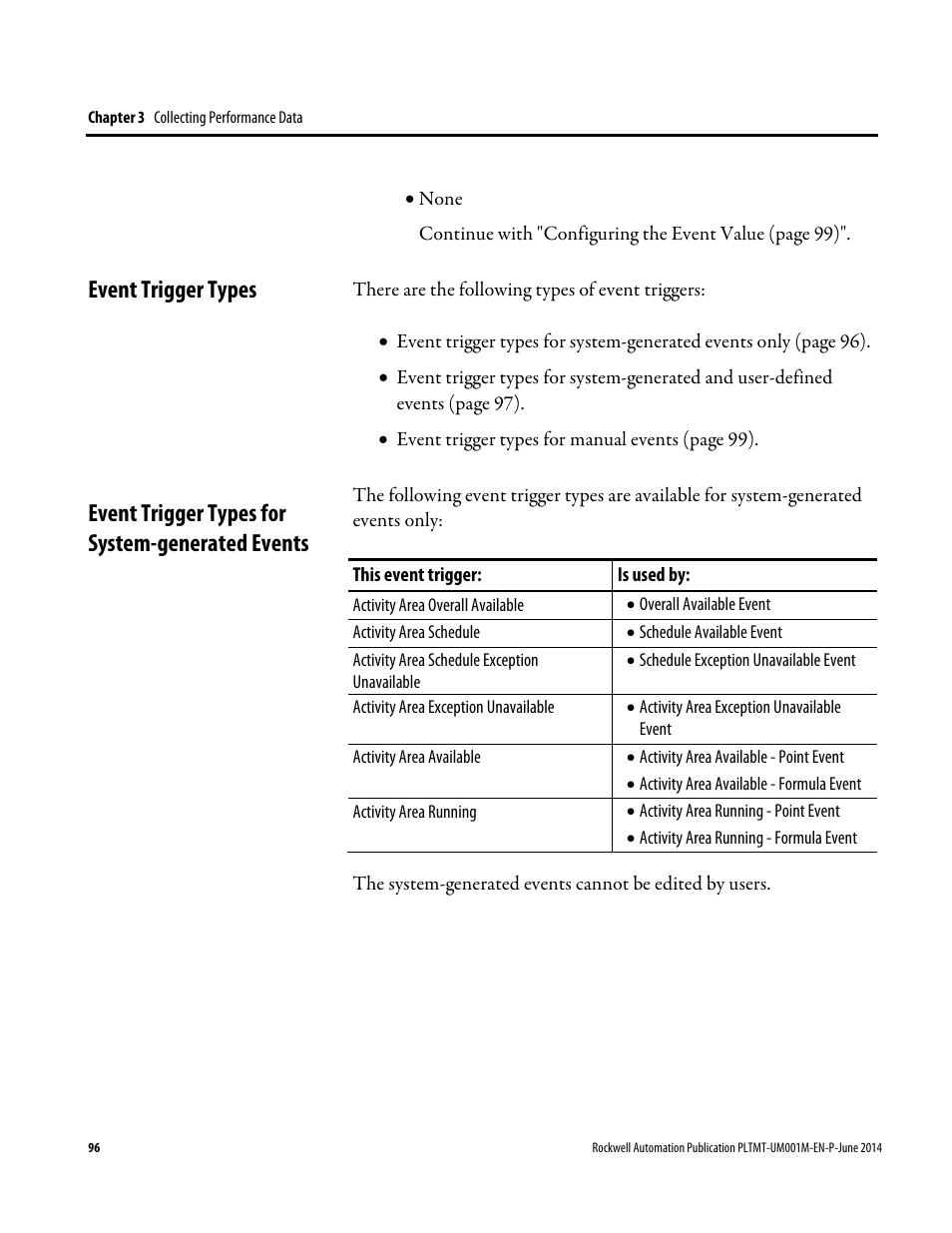 Event trigger types, Event trigger types for system-generated events | Rockwell Automation FactoryTalk Metrics User Guide User Manual | Page 96 / 272