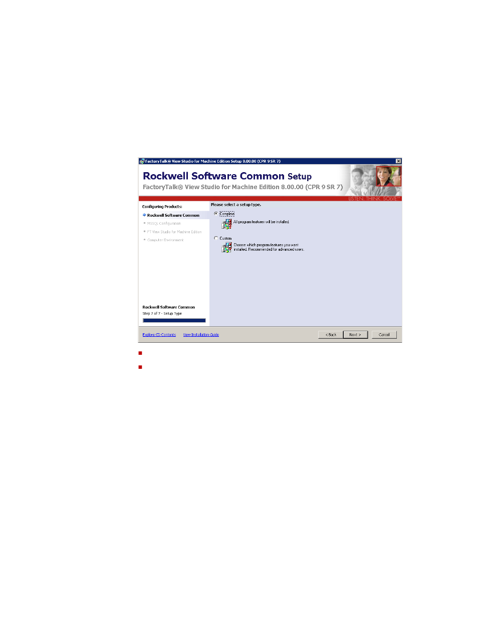 Select complete or custom setup type | Rockwell Automation FactoryTalk View Machine Edition Installation Guide User Manual | Page 30 / 58