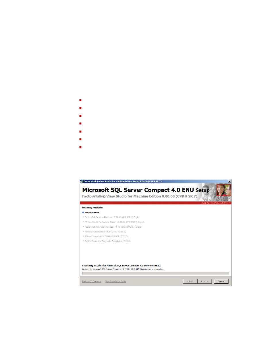Automatic installation of prerequisites, Installation of necessary rockwell software | Rockwell Automation FactoryTalk View Machine Edition Installation Guide User Manual | Page 35 / 58