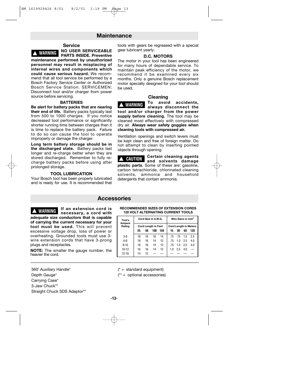 Maintenance, Accessories, Warning | Service, Cleaning, Caution | Bosch cordless hammer User Manual | Page 13 / 40