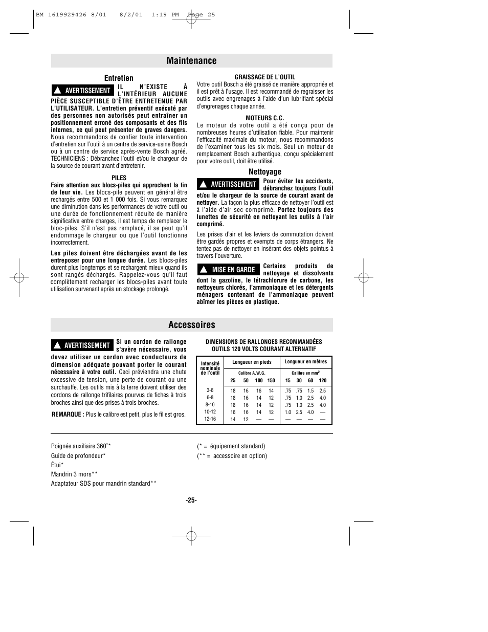 Maintenance, Accessoires, Entretien | Nettoyage | Bosch cordless hammer User Manual | Page 25 / 40