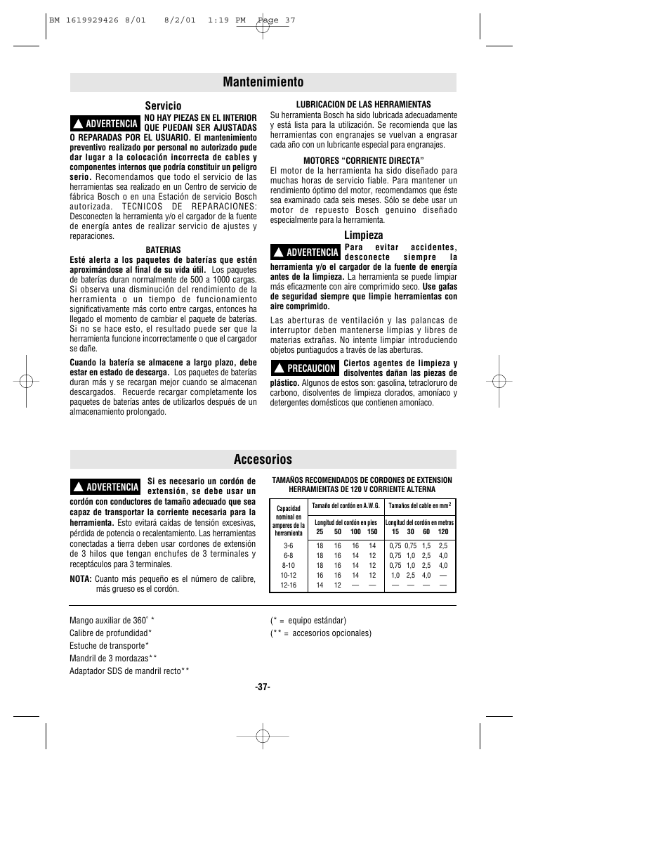 Accesorios, Mantenimiento, Servicio | Limpieza | Bosch cordless hammer User Manual | Page 37 / 40