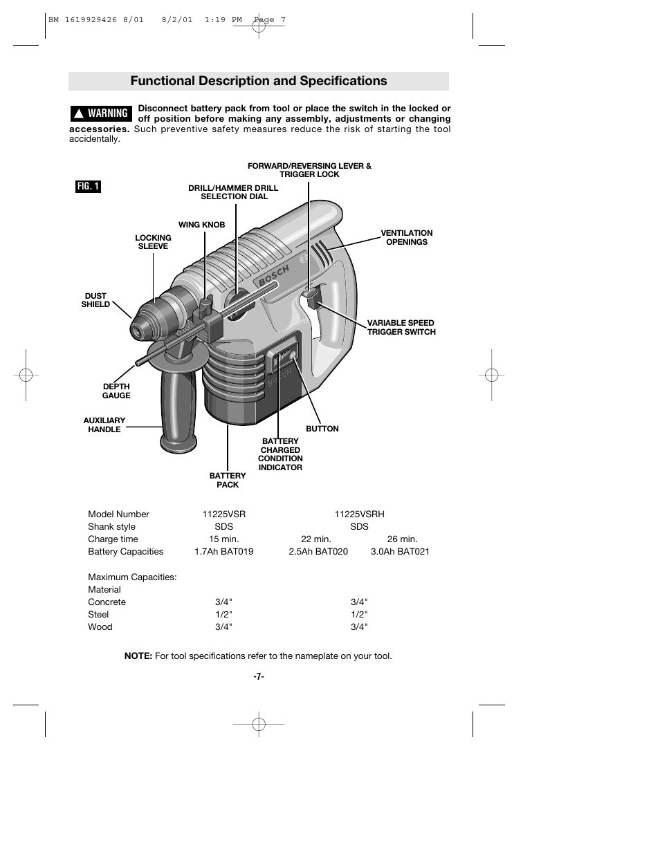 Functional description and specifications | Bosch cordless hammer User Manual | Page 7 / 40