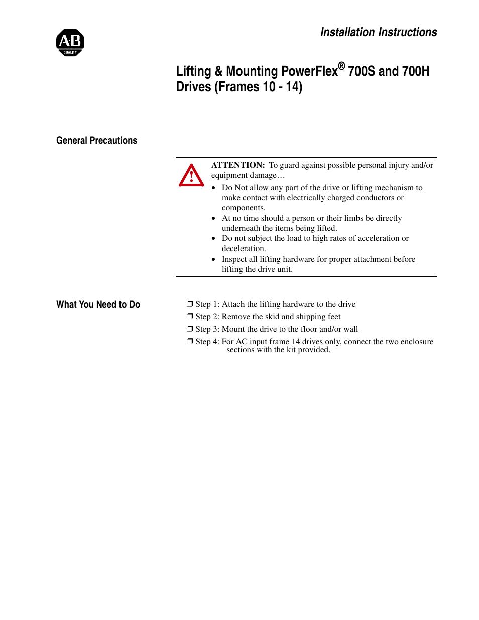 Rockwell Automation 20D Lifting Mounting PowerFlex 700S and 700H Drives (Frame 10 - 14) User Manual | 10 pages