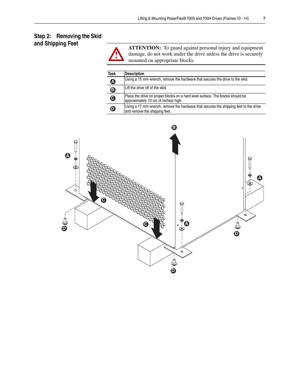 Step 2: removing the skid and shipping feet | Rockwell Automation 20D Lifting Mounting PowerFlex 700S and 700H Drives (Frame 10 - 14) User Manual | Page 7 / 10