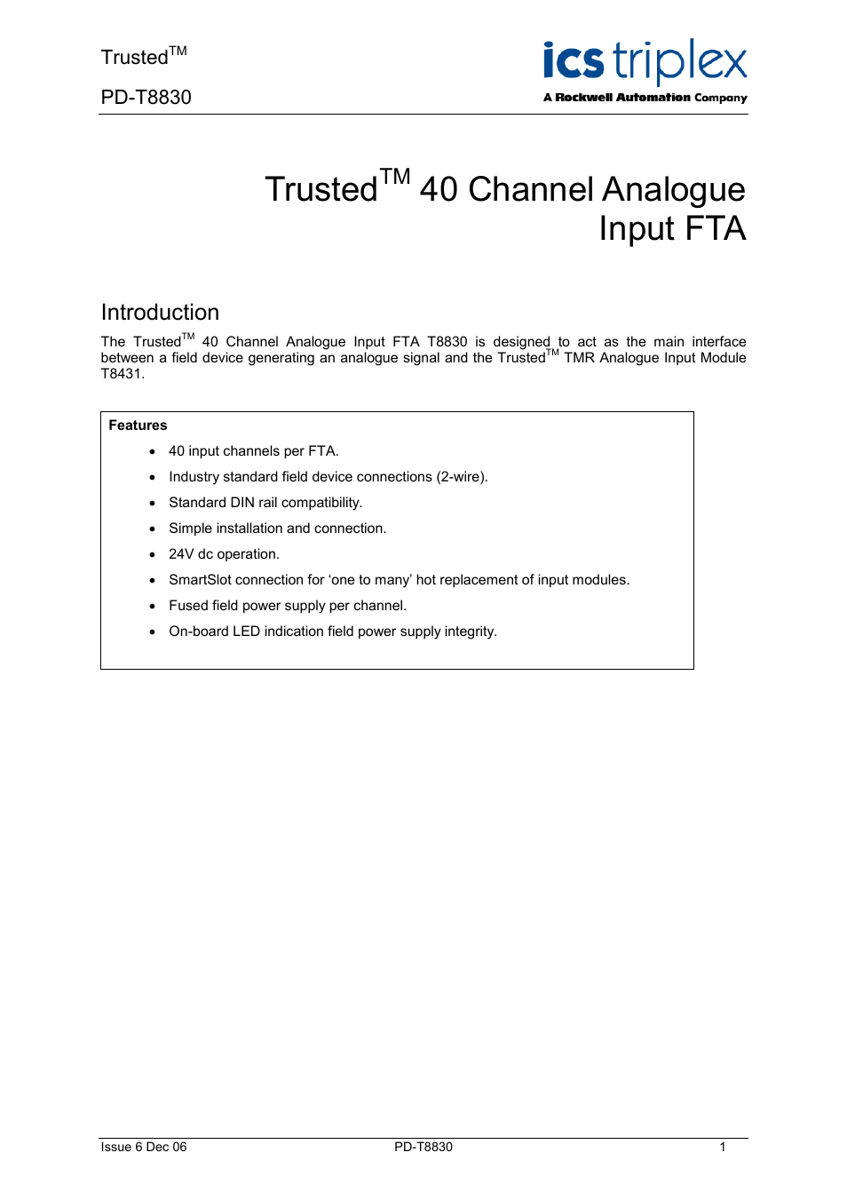 Rockwell Automation T8830 Trusted 40 Channel Analogue Input FTA User Manual | 14 pages
