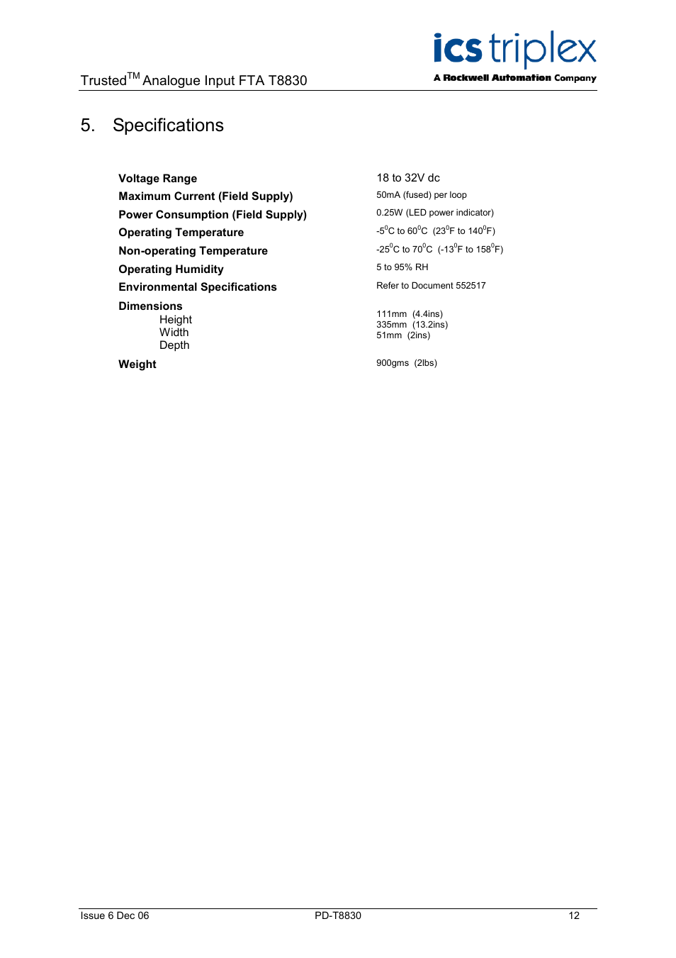 Specifications, Trusted, Analogue input fta t8830 | Rockwell Automation T8830 Trusted 40 Channel Analogue Input FTA User Manual | Page 12 / 14