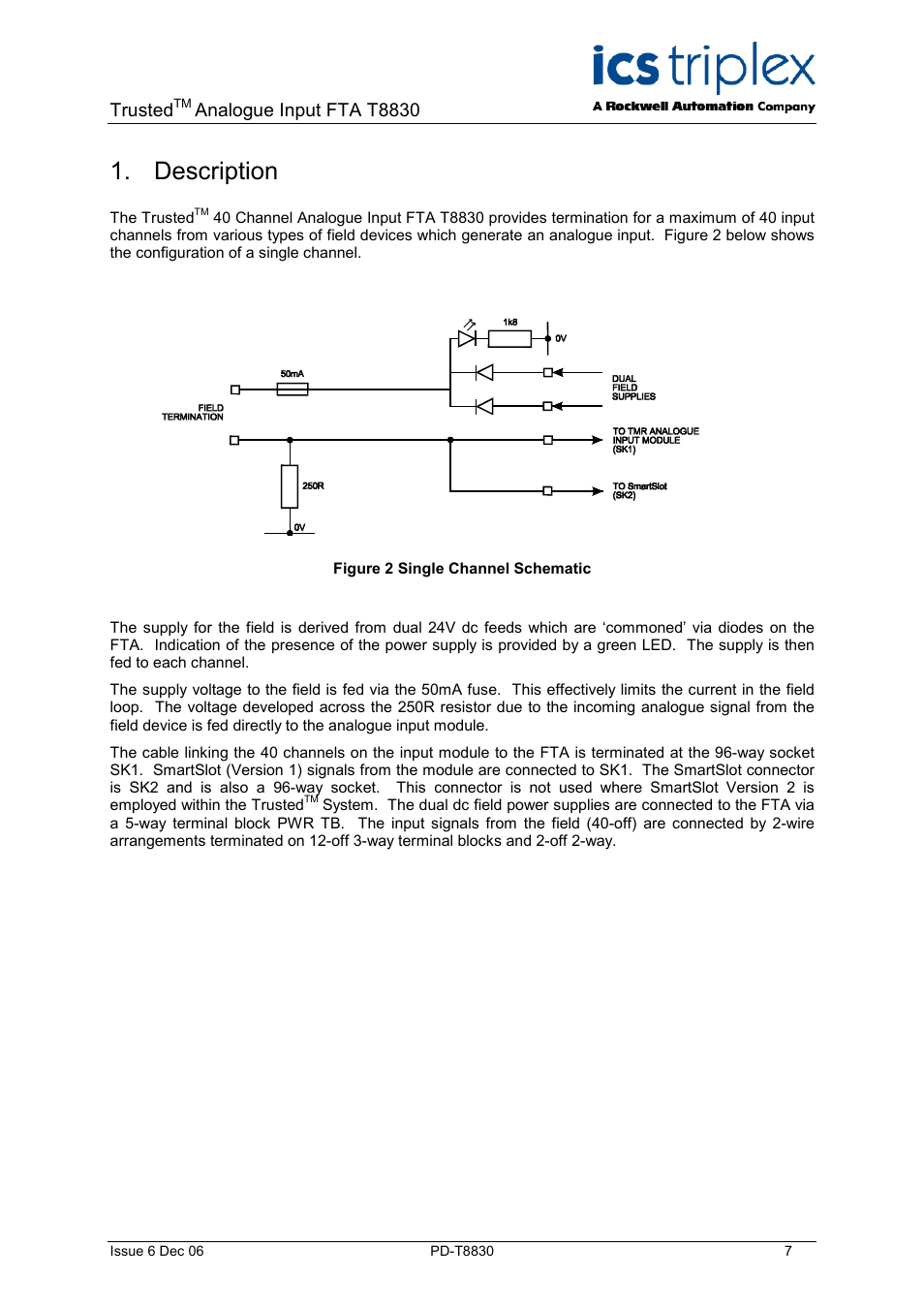 Description, Figure 2 single channel schematic, Trusted | Analogue input fta t8830 | Rockwell Automation T8830 Trusted 40 Channel Analogue Input FTA User Manual | Page 7 / 14