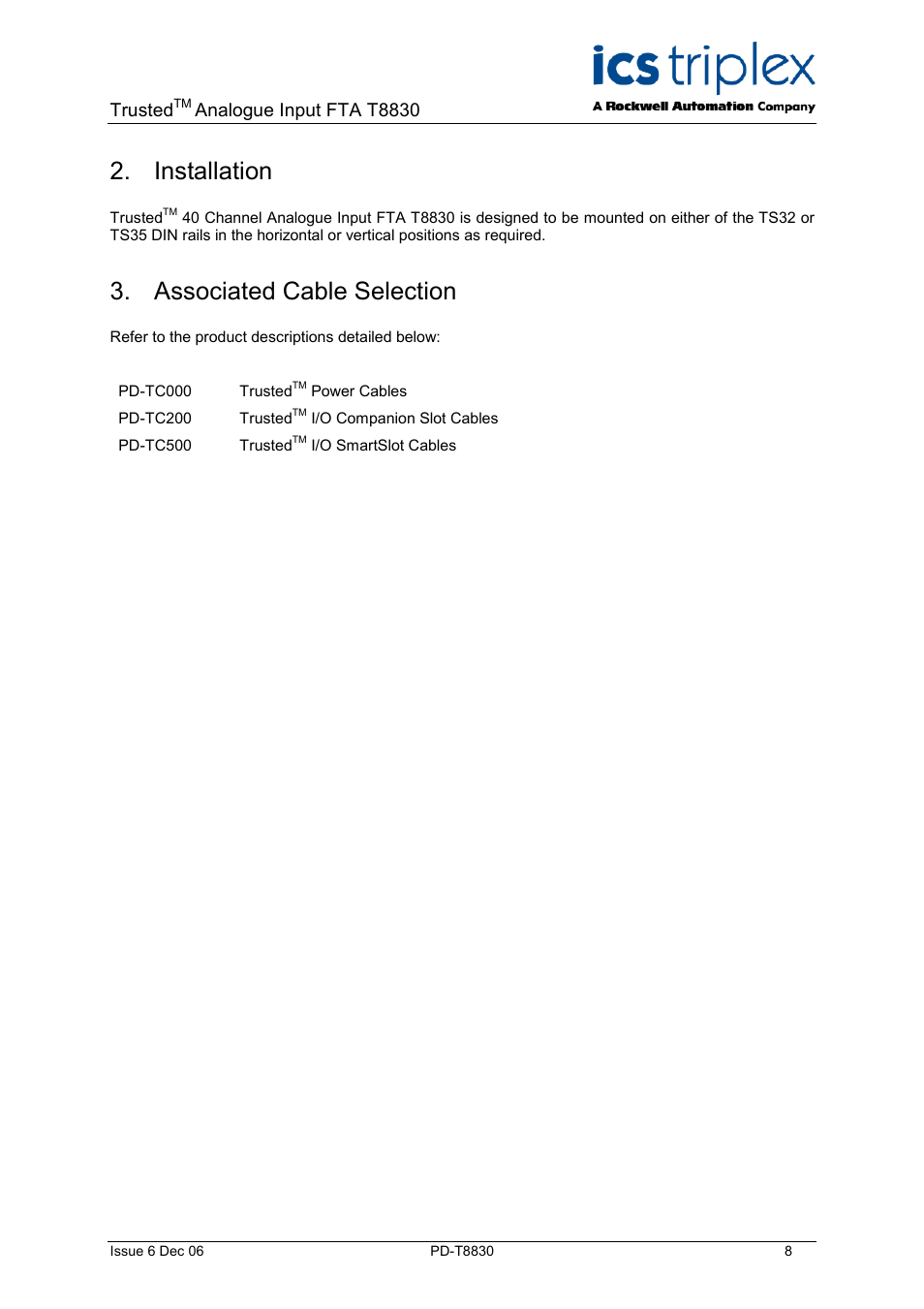 Installation, Associated cable selection, Trusted | Analogue input fta t8830 | Rockwell Automation T8830 Trusted 40 Channel Analogue Input FTA User Manual | Page 8 / 14