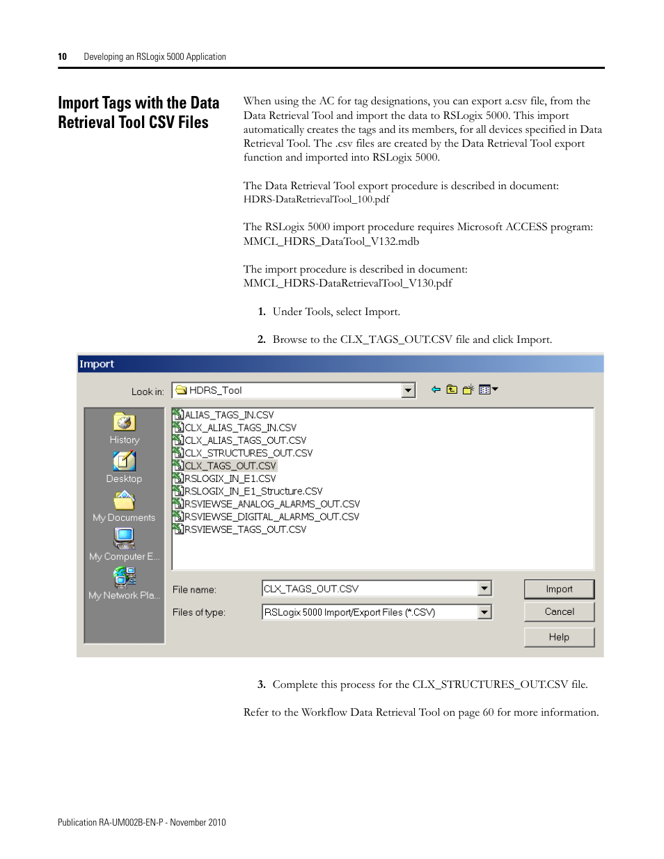 Import tags with the data retrieval tool csv files | Rockwell Automation MMCL Using the Mining, Mineral, and Cement Library (MMCL) in RSLogix 5000 Appli User Manual | Page 10 / 62