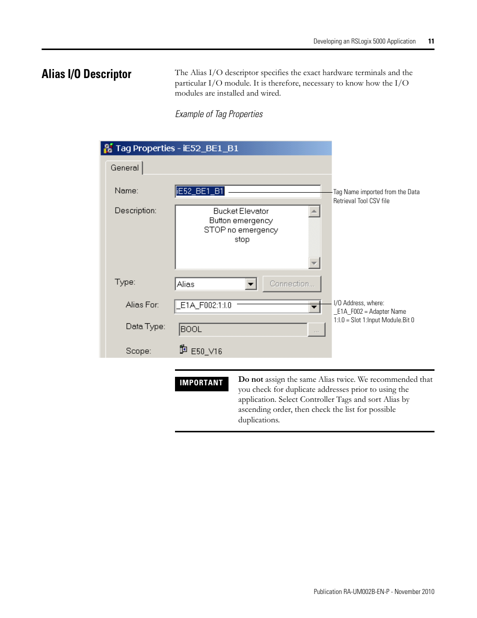 Alias i/o descriptor, Example of tag properties | Rockwell Automation MMCL Using the Mining, Mineral, and Cement Library (MMCL) in RSLogix 5000 Appli User Manual | Page 11 / 62