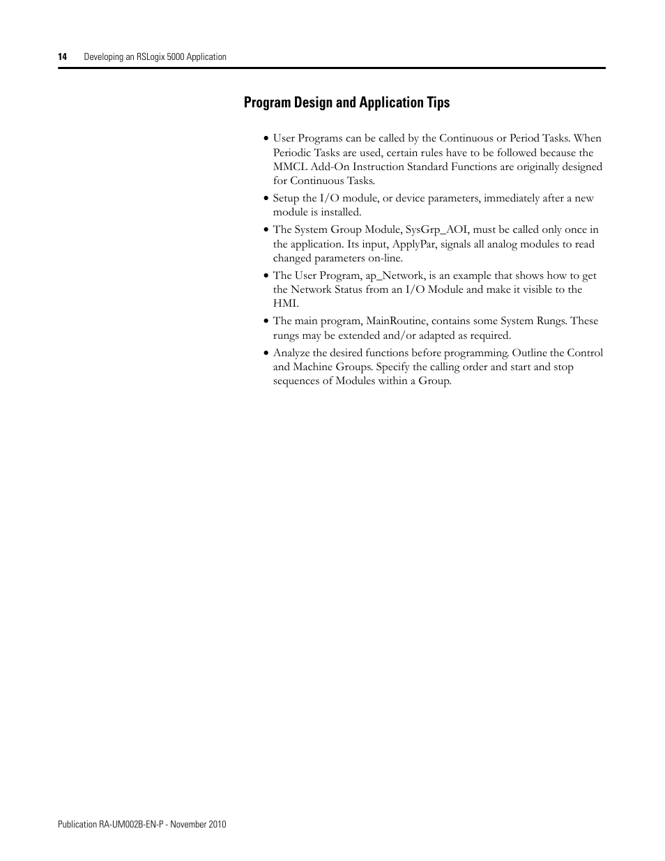 Program design and application tips | Rockwell Automation MMCL Using the Mining, Mineral, and Cement Library (MMCL) in RSLogix 5000 Appli User Manual | Page 14 / 62