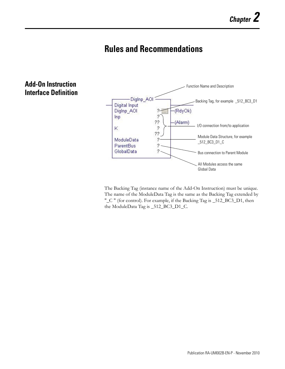 2 - rules and recommendations, Add-on instruction interface definition, Chapter 2 | Rules and recommendations, Chapter | Rockwell Automation MMCL Using the Mining, Mineral, and Cement Library (MMCL) in RSLogix 5000 Appli User Manual | Page 19 / 62