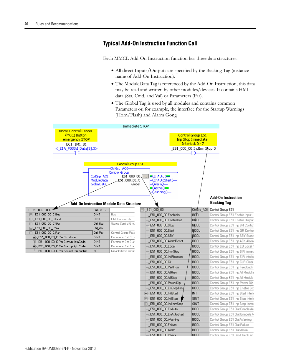 Typical add-on instruction function call | Rockwell Automation MMCL Using the Mining, Mineral, and Cement Library (MMCL) in RSLogix 5000 Appli User Manual | Page 20 / 62