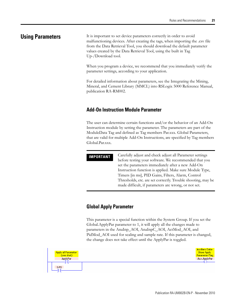 Using parameters, Add-on instruction module parameter, Global apply parameter | Rockwell Automation MMCL Using the Mining, Mineral, and Cement Library (MMCL) in RSLogix 5000 Appli User Manual | Page 21 / 62