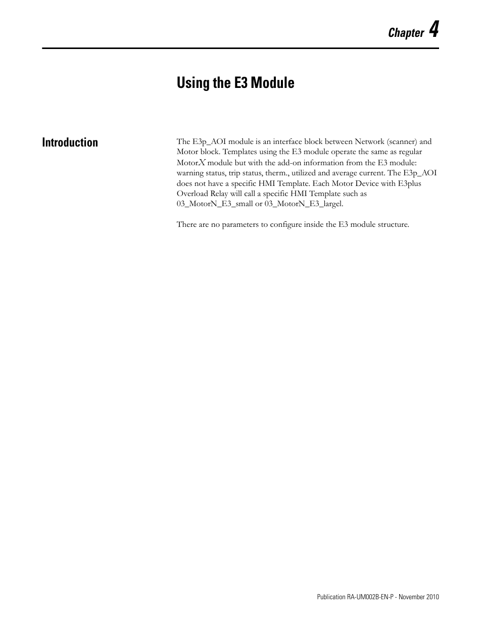 4 - using the e3 module, Introduction, Chapter 4 | Using the e3 module | Rockwell Automation MMCL Using the Mining, Mineral, and Cement Library (MMCL) in RSLogix 5000 Appli User Manual | Page 31 / 62