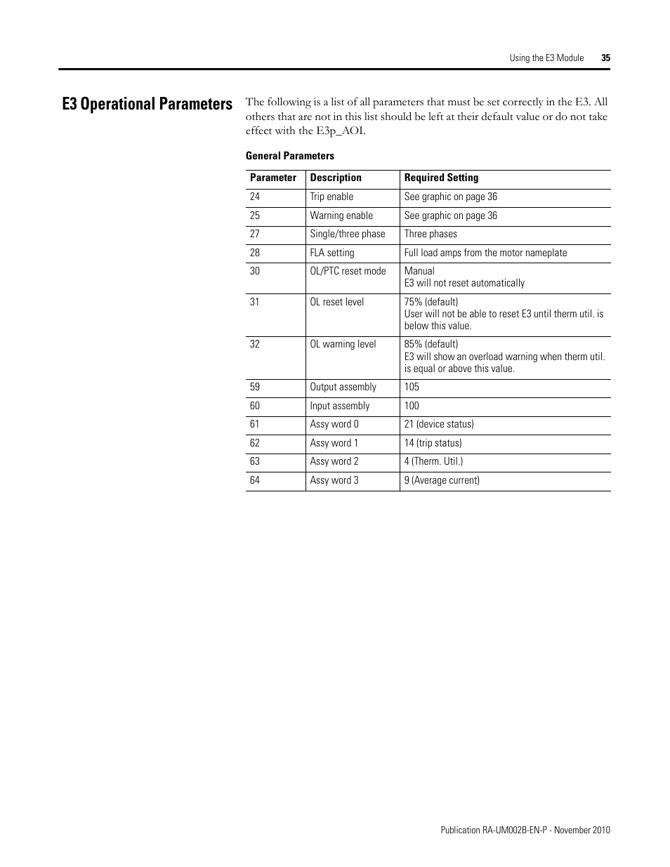 E3 operational parameters | Rockwell Automation MMCL Using the Mining, Mineral, and Cement Library (MMCL) in RSLogix 5000 Appli User Manual | Page 35 / 62