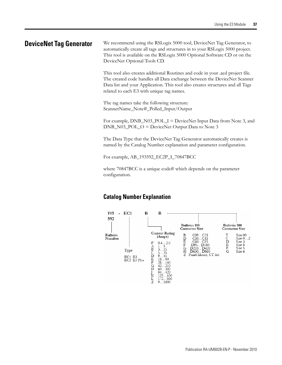 Devicenet tag generator, Catalog number explanation | Rockwell Automation MMCL Using the Mining, Mineral, and Cement Library (MMCL) in RSLogix 5000 Appli User Manual | Page 37 / 62