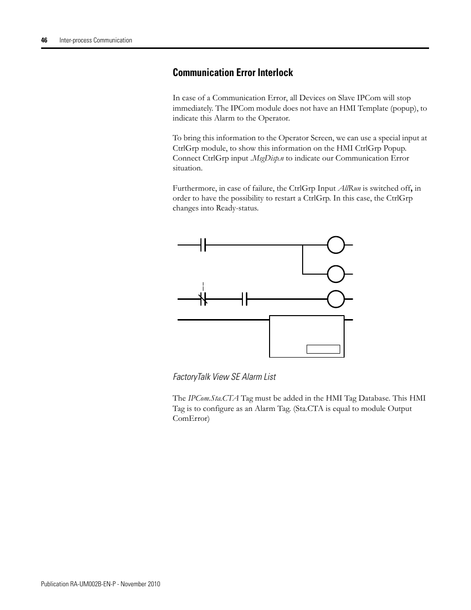 Communication error interlock, Factorytalk view se alarm list | Rockwell Automation MMCL Using the Mining, Mineral, and Cement Library (MMCL) in RSLogix 5000 Appli User Manual | Page 46 / 62