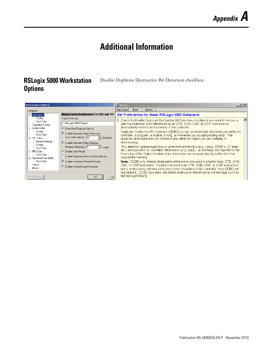 A - additional information, Rslogix 5000 workstation options, Appendix a | Additional information | Rockwell Automation MMCL Using the Mining, Mineral, and Cement Library (MMCL) in RSLogix 5000 Appli User Manual | Page 59 / 62