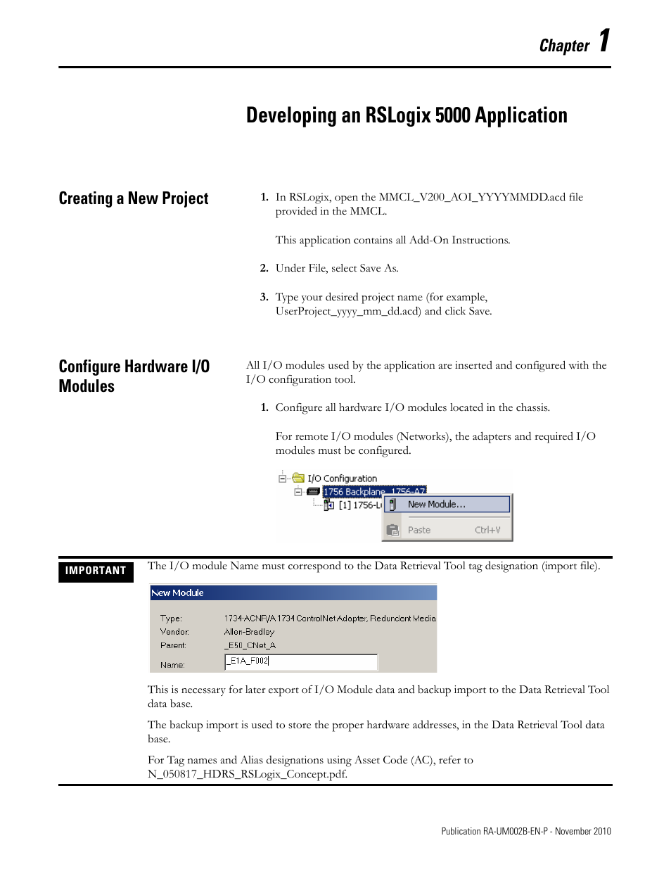 1 - developing an rslogix 5000 application, Creating a new project, Configure hardware i/o modules | Chapter 1, Developing an rslogix 5000 application, Chapter | Rockwell Automation MMCL Using the Mining, Mineral, and Cement Library (MMCL) in RSLogix 5000 Appli User Manual | Page 9 / 62