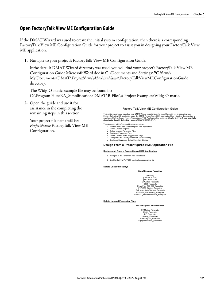 Open factorytalk view me configuration guide, Open factorytalk view me configuration, Guide | Rockwell Automation 193 Drives and Motion Accelerator Toolkit Quick Start User Manual | Page 105 / 356