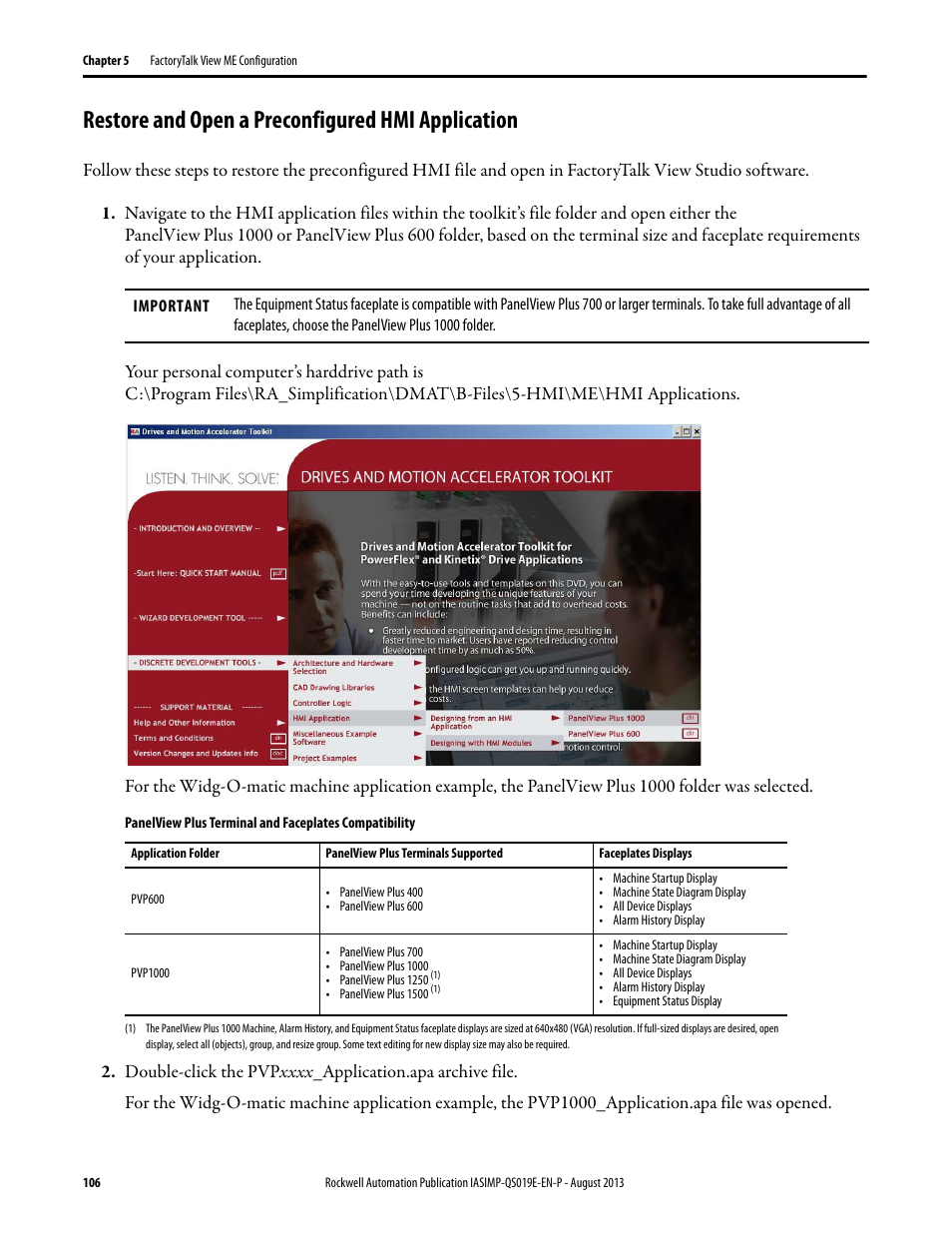Restore and open a preconfigured hmi application, Restore and open a preconfigured hmi, Application | Rockwell Automation 193 Drives and Motion Accelerator Toolkit Quick Start User Manual | Page 106 / 356