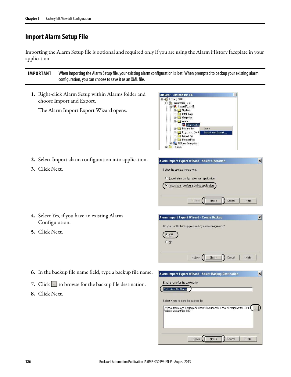 Import alarm setup file | Rockwell Automation 193 Drives and Motion Accelerator Toolkit Quick Start User Manual | Page 126 / 356