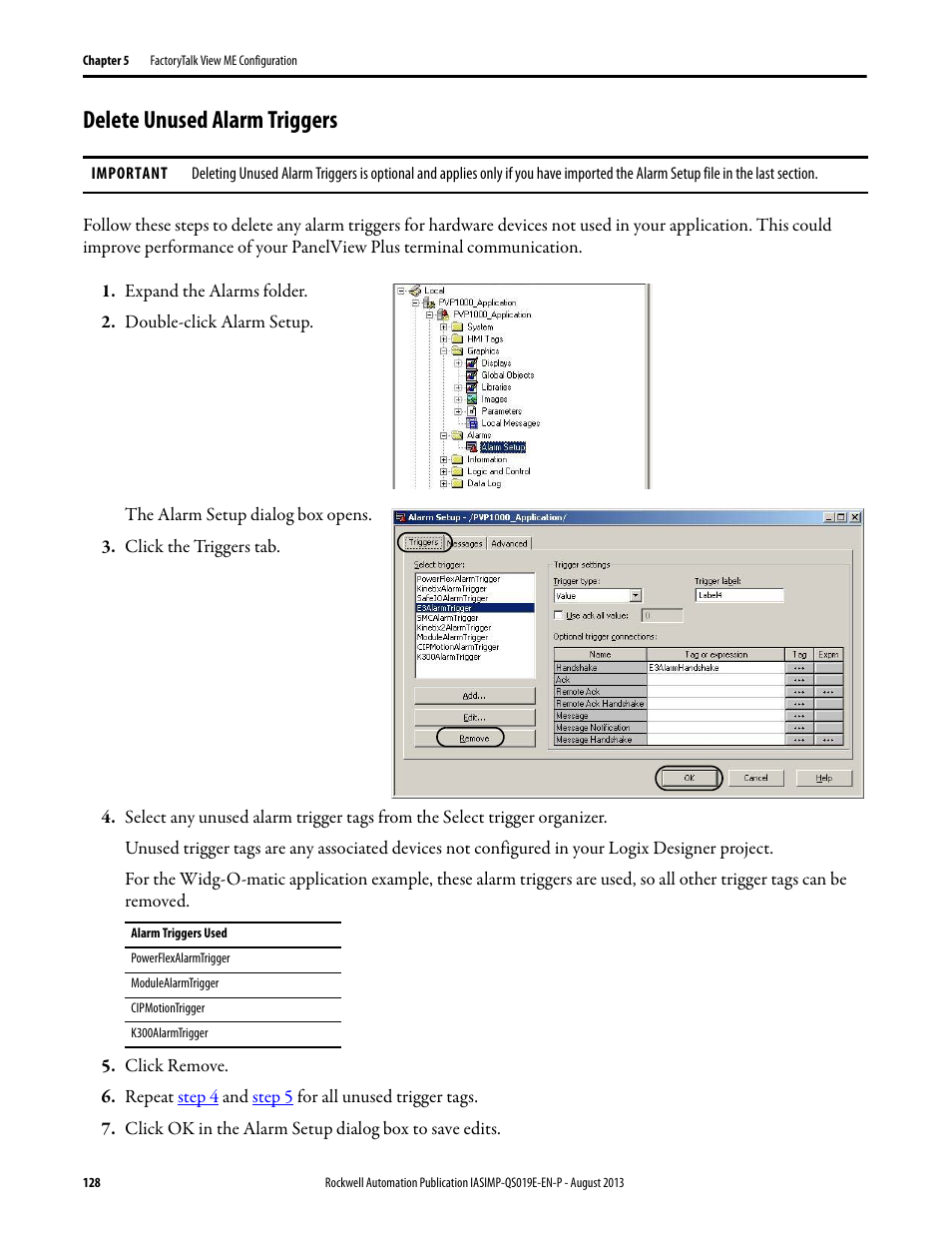 Delete unused alarm triggers | Rockwell Automation 193 Drives and Motion Accelerator Toolkit Quick Start User Manual | Page 128 / 356
